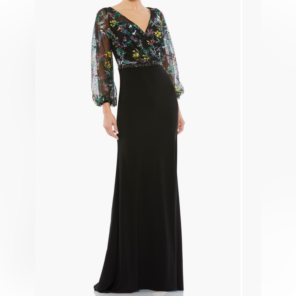 Mac Duggal Black and Floral Embellished Gown